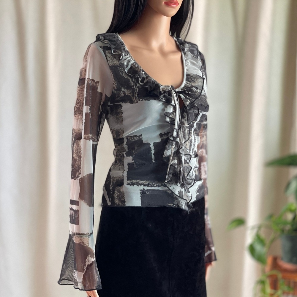 NWT Grey Abstract Mesh Ruffle Tie Front Bell Sleeve Top Whimsigoth Y2K Grunge S